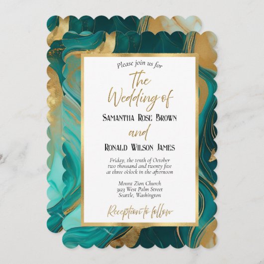 Elegante smaragdgroene en gouden huwelijksuitnodig kaart (Voorkant / Achterkant)