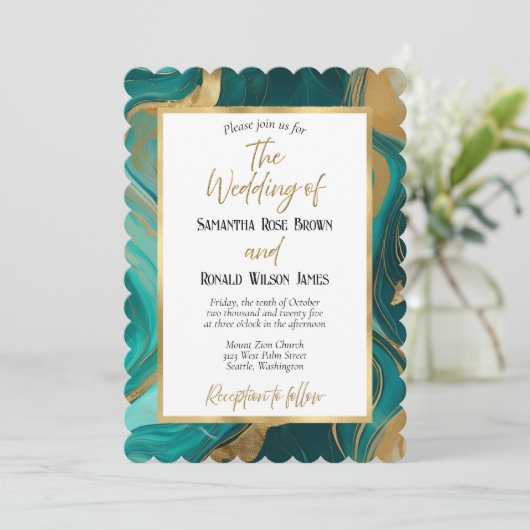 Elegante smaragdgroene en gouden huwelijksuitnodig kaart (Staand voorkant)