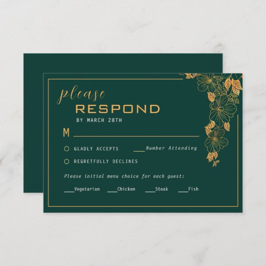 Elegante Smaragdgroene Gouden Bladeren RSVP Kaartje (Voorkant / Achterkant)