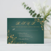 Elegante Smaragdgroene Gouden Bladeren Vogels Init RSVP Kaartje (Staand voorkant)
