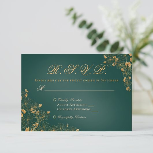 Elegante Smaragdgroene Gouden Bladeren Vogels Init RSVP Kaartje (Staand voorkant)