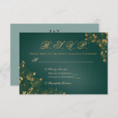 Elegante Smaragdgroene Gouden Bladeren Vogels Init RSVP Kaartje (Voorkant / Achterkant)
