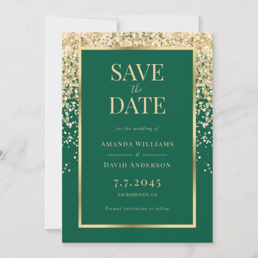 Elegante Smaragdgroene Gouden Confetti Bruiloft Save The Date (Voorkant)