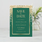 Elegante Smaragdgroene Gouden Confetti Bruiloft Save The Date (Staand voorkant)