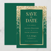 Elegante Smaragdgroene Gouden Confetti Bruiloft Save The Date (Voorkant / Achterkant)