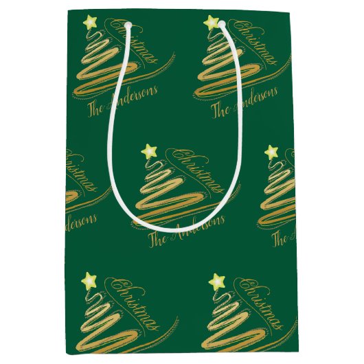 Elegante smaragdgroene gouden folie kerstboom medium cadeauzakje (Voorkant)