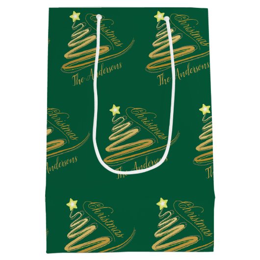 Elegante smaragdgroene gouden folie kerstboom medium cadeauzakje (Achterkant)