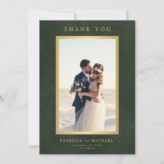 Elegante smaragdgroene gouden foto bruiloft bedankkaart (Voorkant)