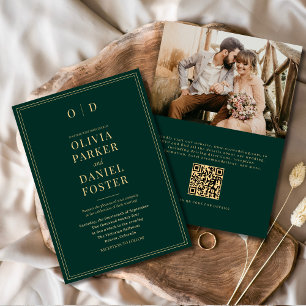 Elegante Smaragdgroene Gouden Foto QR Code Trouwda Kaart