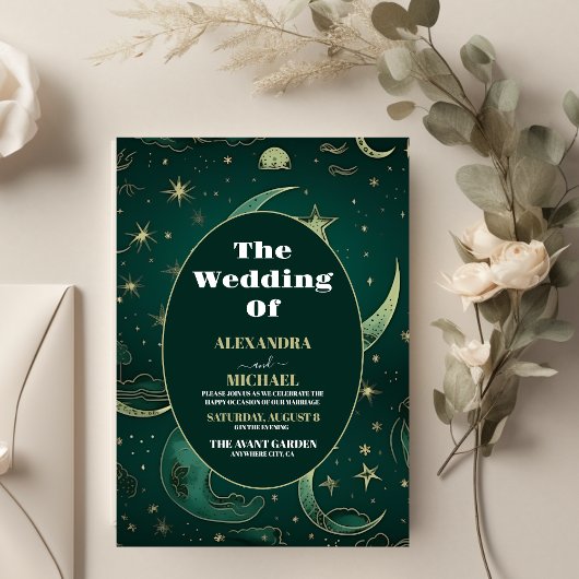 Elegante Smaragdgroene Gouden Hemelse Bruiloft Kaart