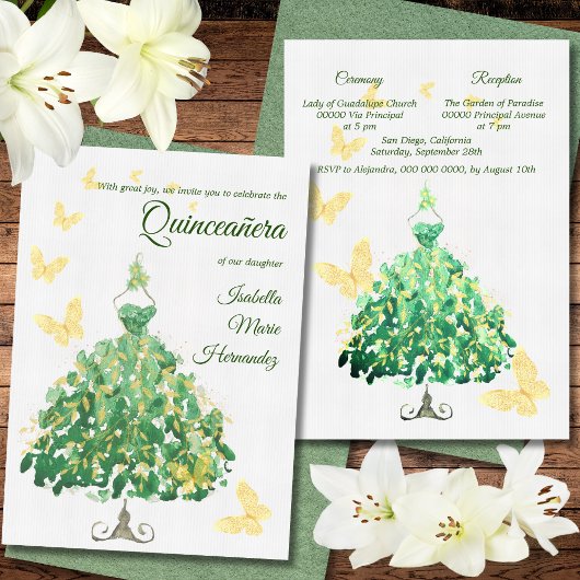 Elegante smaragdgroene & gouden Quinceañera Kaart