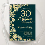 Elegante smaragdgroene gouden Rozen 30e verjaardag Kaart<br><div class="desc">Emerald Green Gold Floral 30e verjaardagsfeest uitnodiging. Elegant ontwerp met rozen,  faux gouden folie en typografisch lettertype. Trendy uitnodigingskaart ideaal voor een stijlvol vrouw bday-feest. Kan worden aangepast aan elke leeftijd. Gedrukte Zazzle-uitnodigingen of direct downloadbare digitale afdrukbare sjabloon.</div>