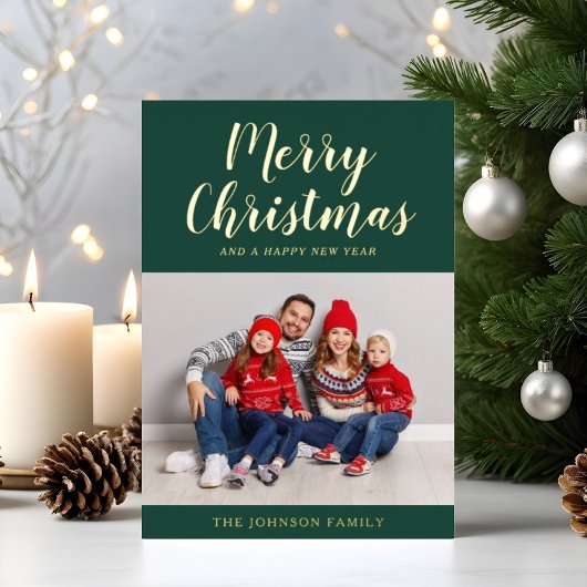 Elegante Smaragdgroene Gouden Script Kerst Foto Folie Feestdagenkaart