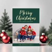 Elegante smaragdgroene gouden script Kerstfoto Folie Feestdagenkaart