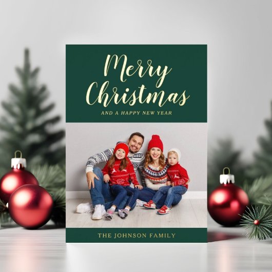 Elegante smaragdgroene gouden script Kerstfoto Folie Feestdagenkaart