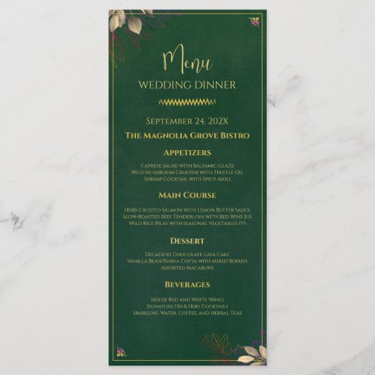Elegante Smaragdgroene & Gouden Trouwdiner Menu (Voorkant)