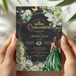 Elegante Smaragdgroene Gouden Vlinder Quinceañera Kaart