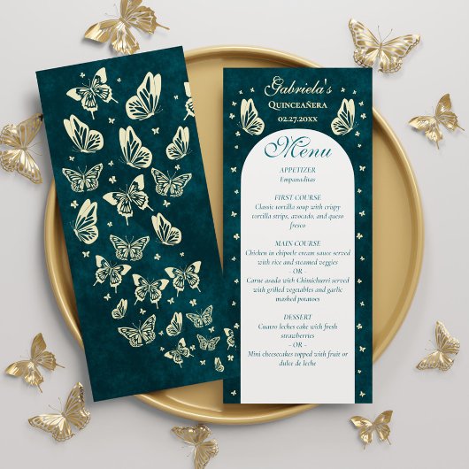 Elegante smaragdgroene gouden vlinders Quinceañera Menu