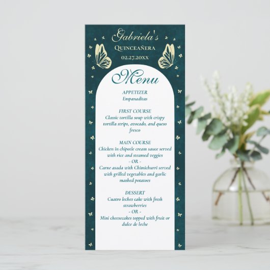 Elegante smaragdgroene gouden vlinders Quinceañera Menu (Staand voorkant)