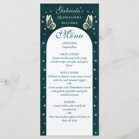 Elegante smaragdgroene gouden vlinders Quinceañera Menu (Voorkant)