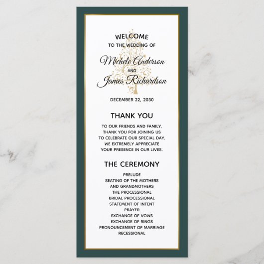 Elegante Smaragdgroene Gouden Winter Bruiloft Programmakaart (Voorkant)