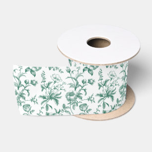 Elegante Smaragdgroene Grandmillennial Toile Bloem Satijnen Lint