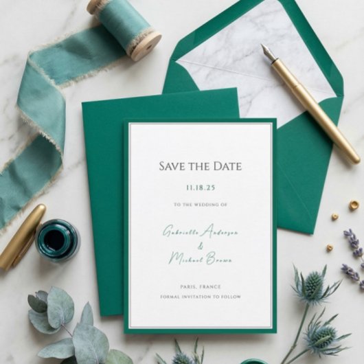 Elegante smaragdgroene minimalistische bruiloft re save the date