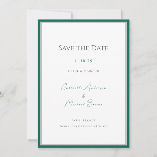 Elegante smaragdgroene minimalistische bruiloft re save the date (Voorkant)