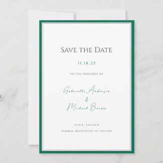 Elegante smaragdgroene minimalistische bruiloft re save the date