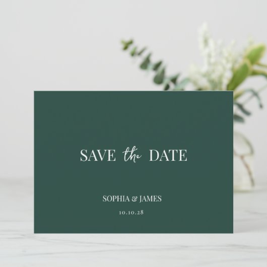 Elegante smaragdgroene minimalistische bruiloft save the date (Staand voorkant)