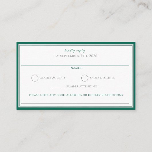 Elegante smaragdgroene monogram bruiloft RSVP Informatiekaartje (Achterkant)