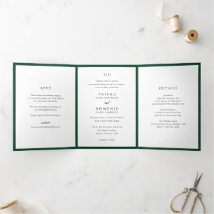 Elegante smaragdgroene monogram moderne trouw drieluik uitnodiging