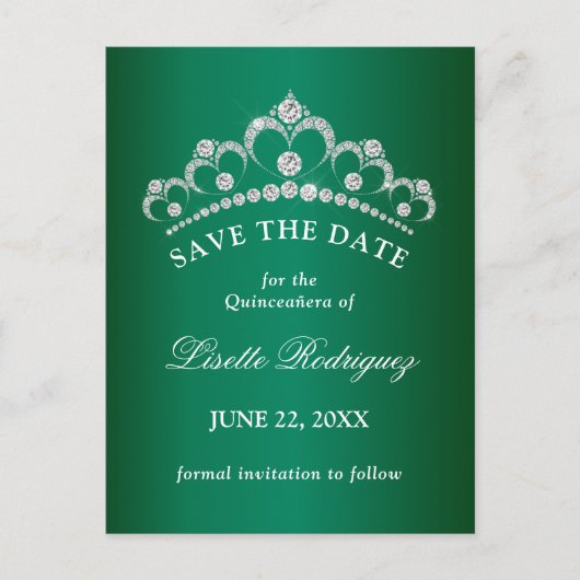 Elegante Smaragdgroene Quinceanera Save The Date Briefkaart (Voorkant)