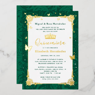 Elegante smaragdgroene Quinceañera Vlinder Folie Uitnodiging