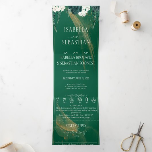 Elegante smaragdgroene Rozen alles in één bruiloft Drieluik Uitnodiging (Binnen)