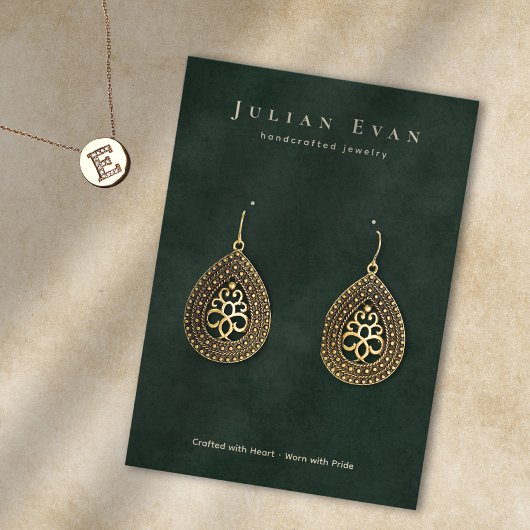 Elegante smaragdgroene sieraden oorbel display visitekaartje