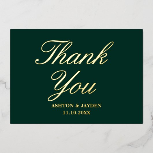 Elegante Smaragdgroene Trouw Dank Je Echt Goud Folie Uitnodiging (Voorkant)