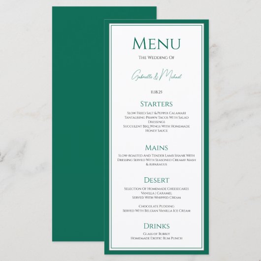 Elegante Smaragdgroene Trouwmenu Kaart (Voorkant / Achterkant)