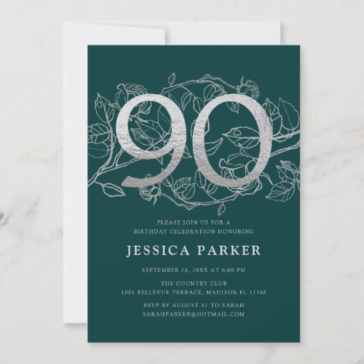 Elegante smaragdgroene zilveren 90ste verjaardag kaart (Voorkant)