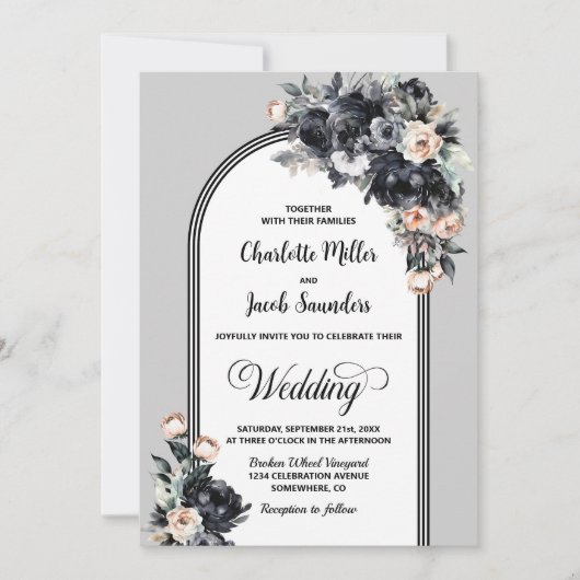 Elegante Smokey Zwart Bloemen Grijze Boog Bruiloft Kaart (Voorkant)
