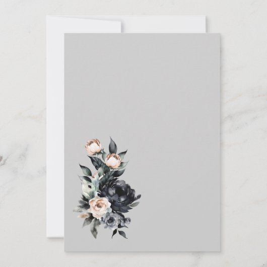 Elegante Smokey Zwart Bloemen Grijze Boog Bruiloft Kaart (Achterkant)