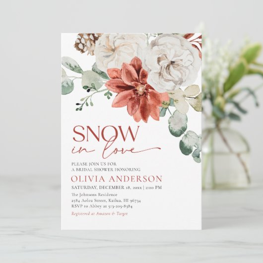 Elegante Sneeuw in Liefde Winter Rood Vrijgezellen Kaart (Staand voorkant)