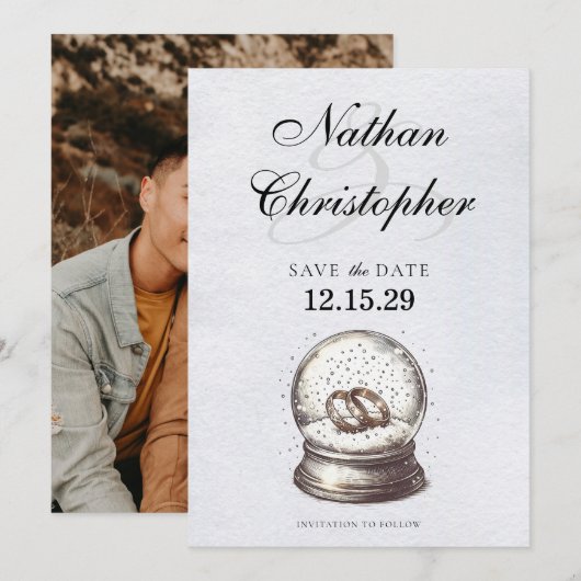 Elegante Sneeuw Wereldbol Trouwbanden Save The Date (Voorkant / Achterkant)