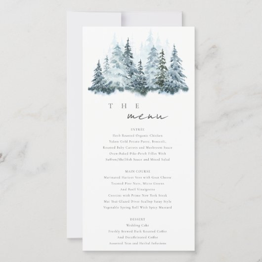 Elegante Sneeuw Winter Bos Dennen Huwelijksmenu Ka Bedankkaart (Voorkant)