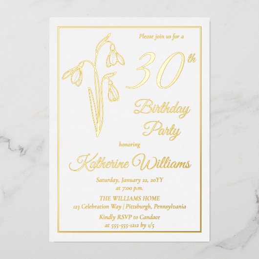 Elegante Sneeuwklokjes 30e Verjaardagsfeest Gestem Folie Uitnodiging (Voorkant)