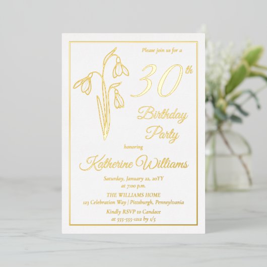 Elegante Sneeuwklokjes 30e Verjaardagsfeest Gestem Folie Uitnodiging (Staand Voorkant)