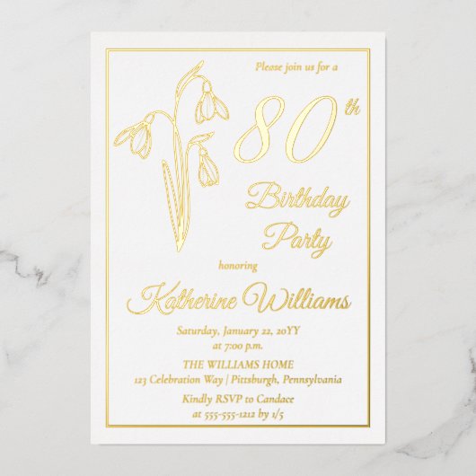 Elegante Sneeuwklokjes 80ste Verjaardagsfeest Gest Folie Uitnodiging (Voorkant)