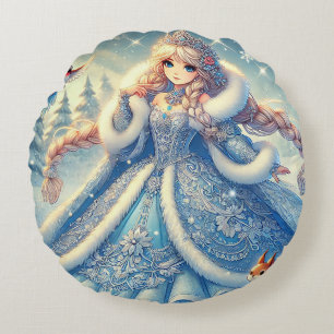 Elegante Sneeuwkoningin in Winter Wonderland Rond Kussen