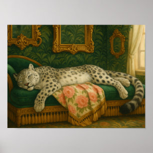 Elegante sneeuwluipaard die slaapt op luxe chaise poster