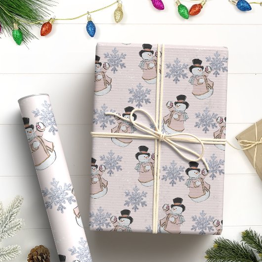 Elegante Sneeuwman & Glitter Sneeuwvlok Kerstmis Cadeaupapier